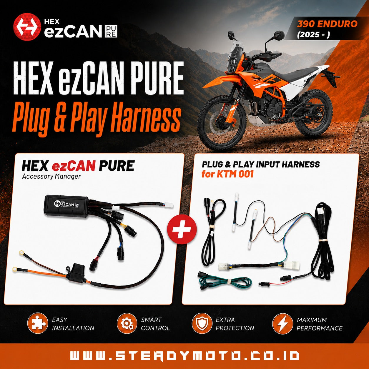 HEX ezCAN PURE dengan Plug & Play Harness untuk KTM 390 Adventure R/X & Enduro R (2025-) - Wadamart