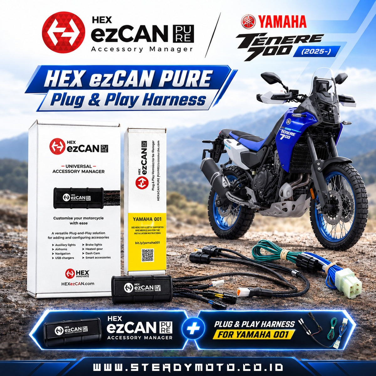 HEX ezCAN PURE dengan Plug & Play Harness untuk Yamaha Tenere 700 (2025-) - Wadamart